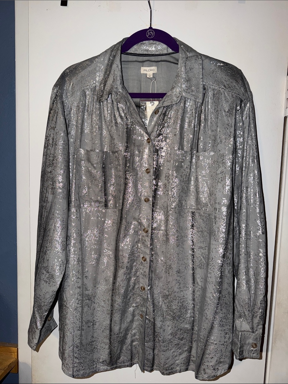 Pilcro for Anthropologie Silver Metallic Button-Front Shirt  NWT